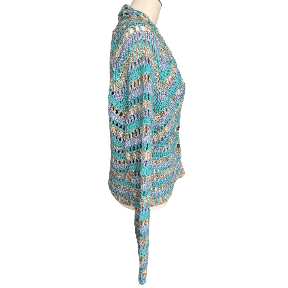 J. Jill Hand Crochet Open Knit Cardigan Blue Teal Cotton Blend Boho Medium - Picture 6 of 12